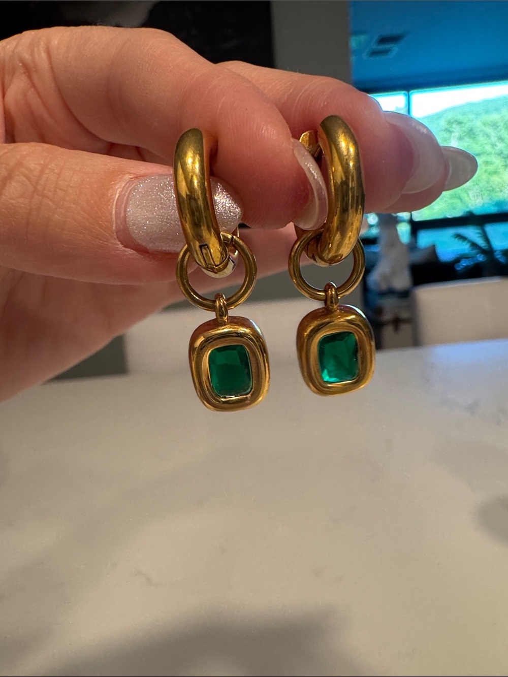 Gold-Tone Drop Hoop Huggie Earrings with Emerald Green Stone Accent